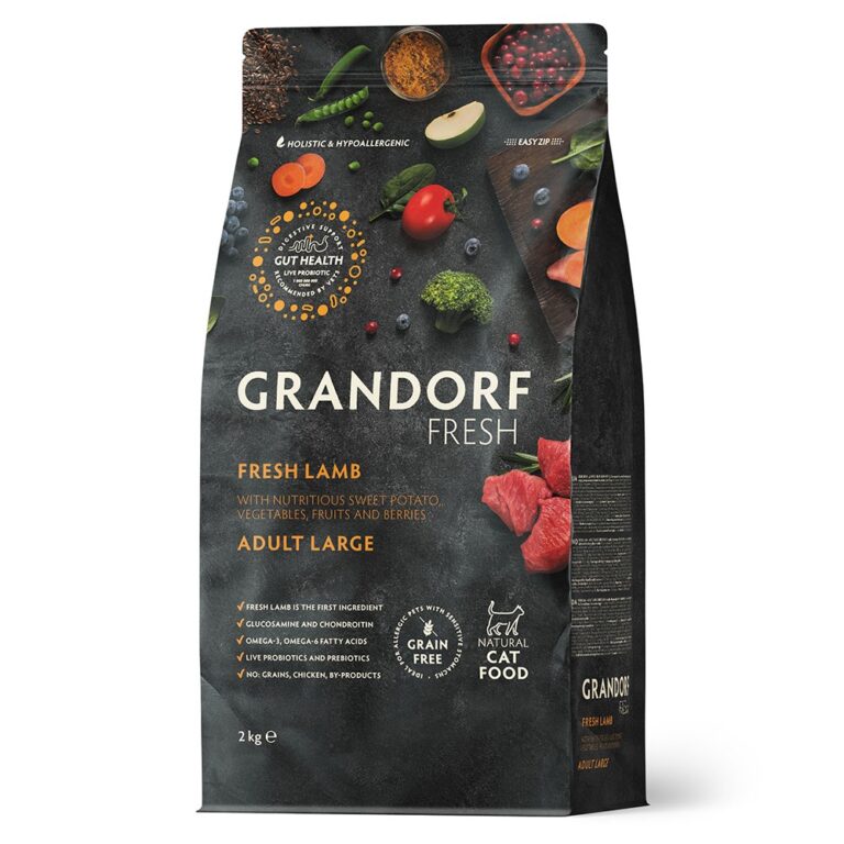 Беззерновой корм с живыми пробиотиками для кошек GRANDORF FRESH Cat Large для крупных пород, свежее мясо ягненка с бататом…