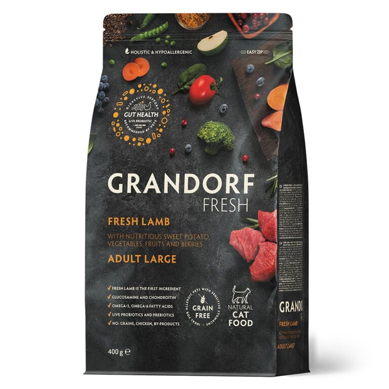 Беззерновой корм с живыми пробиотиками для кошек GRANDORF FRESH Cat Large для крупных пород, свежее мясо ягненка с бататом…