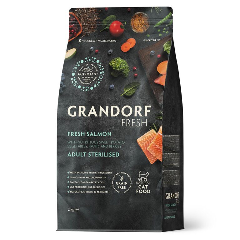 Беззерновой корм с живыми пробиотиками для кошек GRANDORF FRESH Cat Sterilised для стерилиз., свежее филе лосося с бататом… Беззерновой корм с живыми пробиотиками для кошек GRANDORF FRESH Cat Sterilised для стерилиз., свежее филе лосося с бататом…