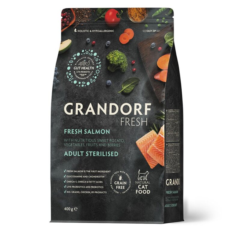 Беззерновой корм с живыми пробиотиками для кошек GRANDORF FRESH Cat Sterilised для стерилиз., свежее филе лосося с бататом…