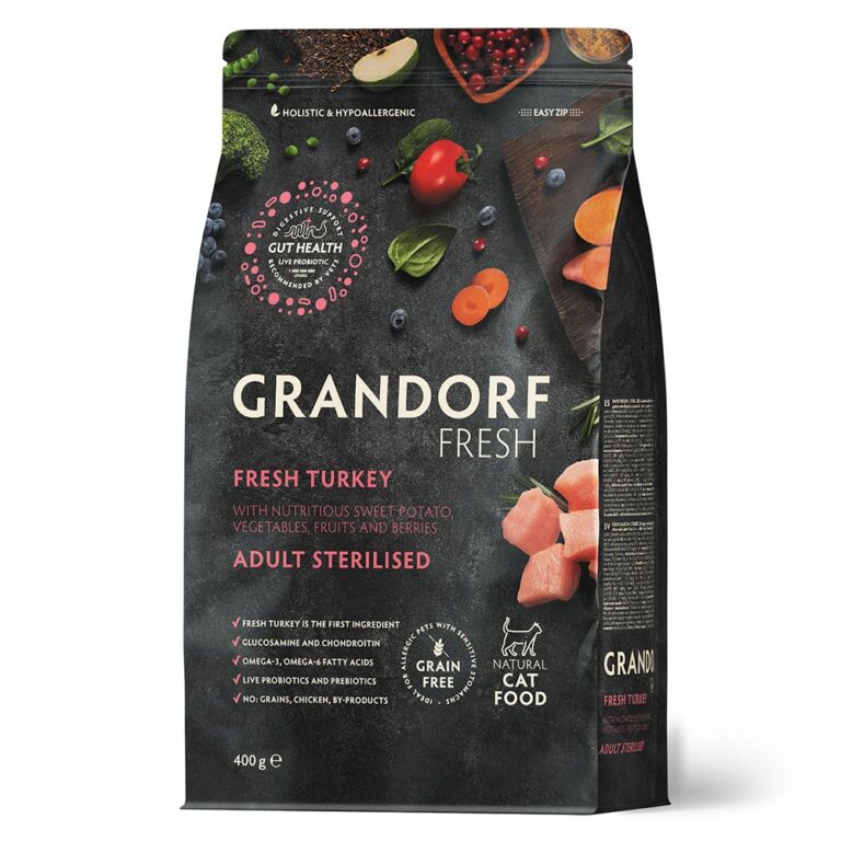 Беззерновой корм с живыми пробиотиками для кошек GRANDORF FRESH Cat Sterilised для стерилиз., свежее мясо индейки с бататом…