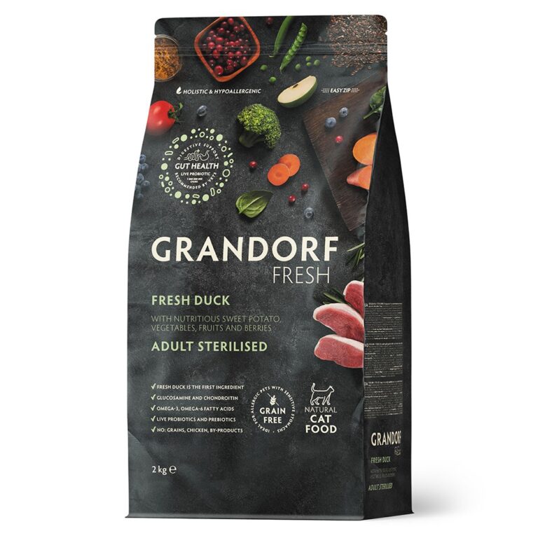 Беззерновой корм с живыми пробиотиками для кошек GRANDORF FRESH Cat Sterilised для стерилиз., свежее мясо утки с бататом…