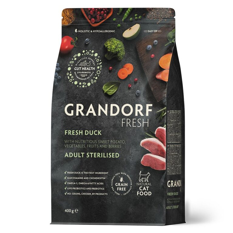Беззерновой корм с живыми пробиотиками для кошек GRANDORF FRESH Cat Sterilised для стерилиз., свежее мясо утки с бататом… Беззерновой корм с живыми пробиотиками для кошек GRANDORF FRESH Cat Sterilised для стерилиз., свежее мясо утки с бататом…