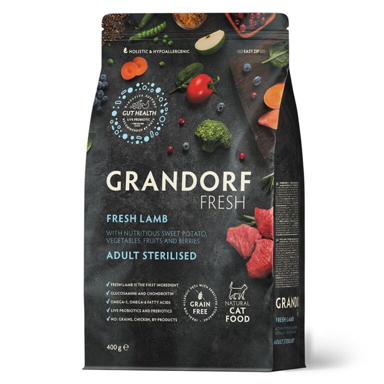Беззерновой корм с живыми пробиотиками для кошек GRANDORF FRESH Cat Sterilised для стерилиз., свежее мясо ягненка с бататом…