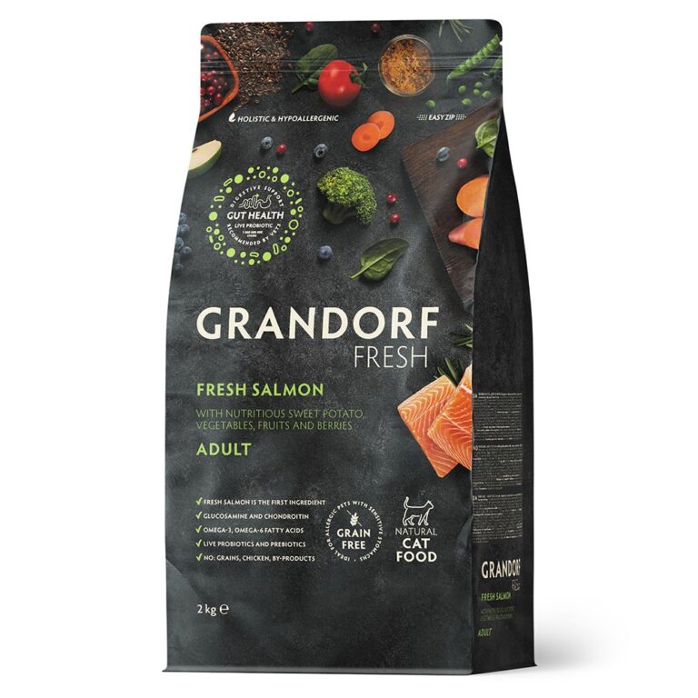 Беззерновой корм с живыми пробиотиками для кошек GRANDORF FRESH Cat Свежее филе лосося с бататом сух. 2кг — цена и наличие Беззерновой корм с живыми пробиотиками для кошек GRANDORF FRESH Cat Свежее филе лосося с бататом сух. 2кг