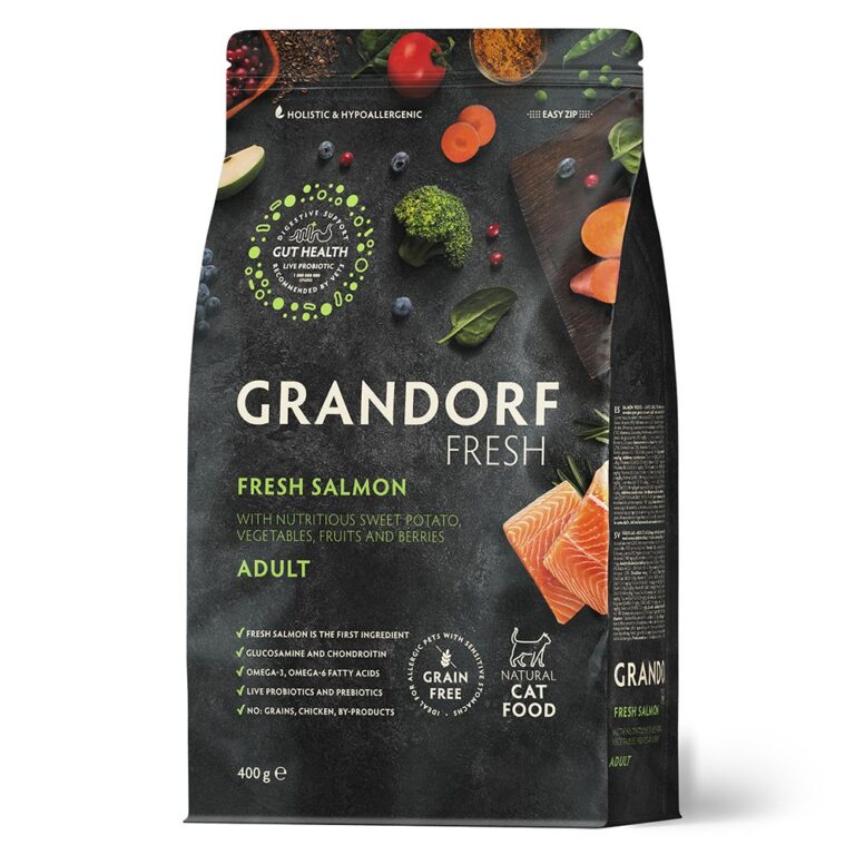 Беззерновой корм с живыми пробиотиками для кошек GRANDORF FRESH Cat Свежее филе лосося с бататом сух. 400г — цена и наличие Беззерновой корм с живыми пробиотиками для кошек GRANDORF FRESH Cat Свежее филе лосося с бататом сух. 400г
