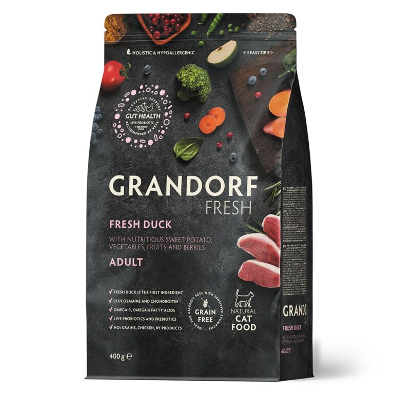 Беззерновой корм с живыми пробиотиками для кошек GRANDORF FRESH Cat Свежее мясо утки с бататом сух. 400г — цена и наличие Беззерновой корм с живыми пробиотиками для кошек GRANDORF FRESH Cat Свежее мясо утки с бататом сух. 400г