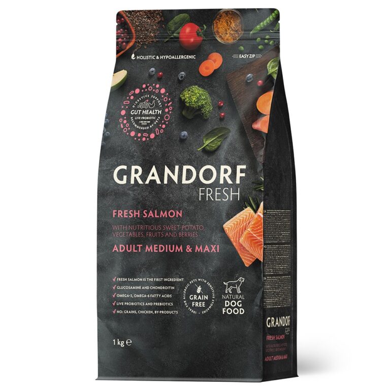 Беззерновой корм с живыми пробиотиками для собак GRANDORF FRESH Dog Med&Maxi для ср.и кр.пород, свежее филе лосося с… Беззерновой корм с живыми пробиотиками для собак GRANDORF FRESH Dog Med&Maxi для ср.и кр.пород, свежее филе лосося с…