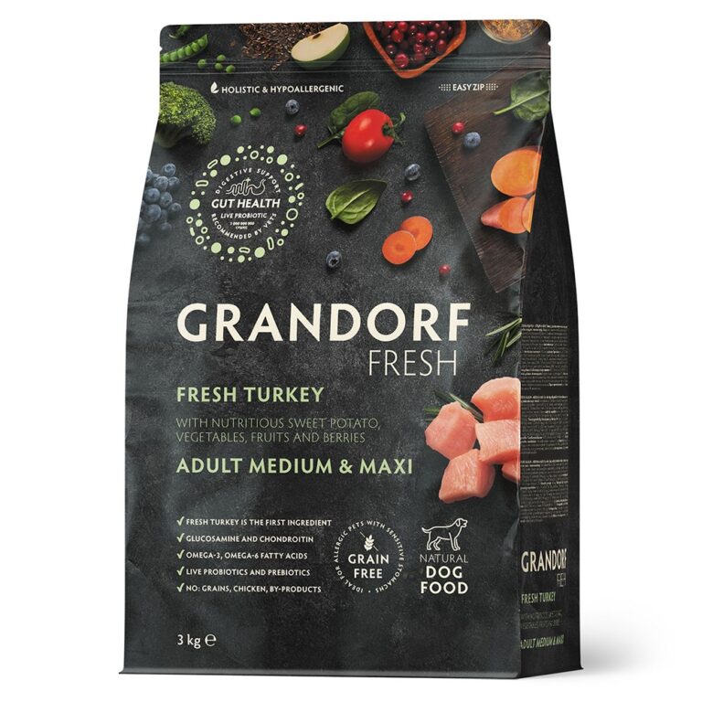 Беззерновой корм с живыми пробиотиками для собак GRANDORF FRESH Dog Med&Maxi для ср.и кр.пород, свежее мясо индейки с…