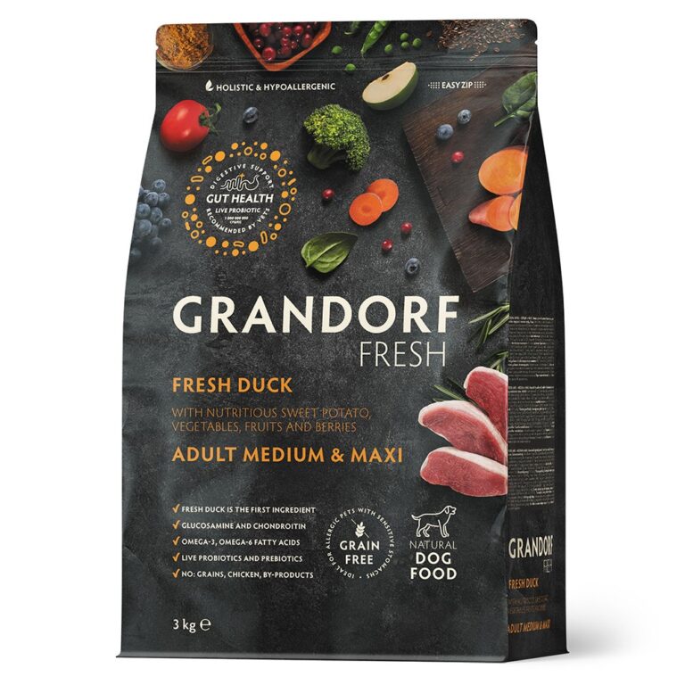 Беззерновой корм с живыми пробиотиками для собак GRANDORF FRESH Dog Med&Maxi для ср.и кр.пород, свежее мясо утки с бататом…