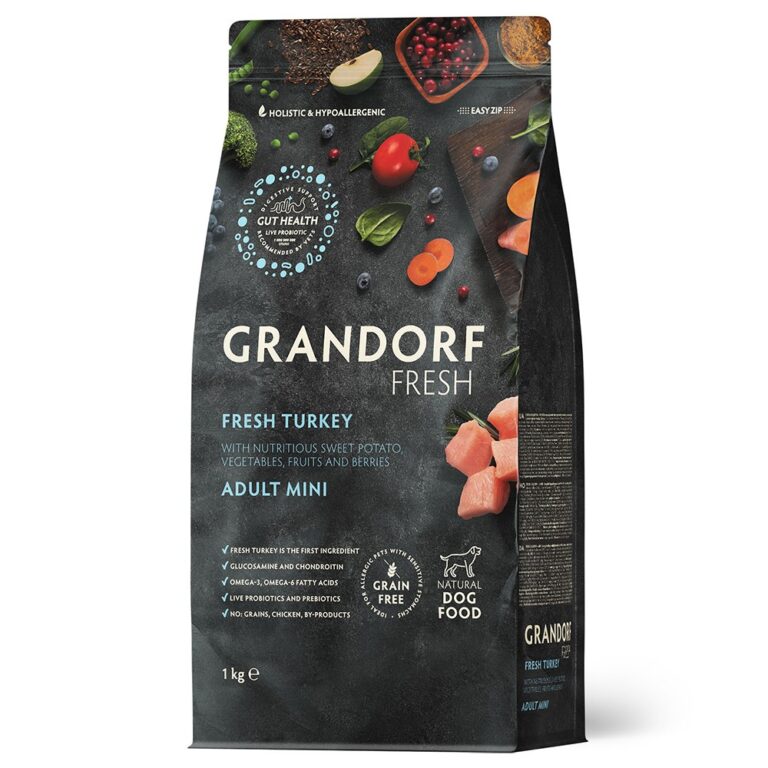 Беззерновой корм с живыми пробиотиками для собак GRANDORF FRESH Dog Mini свежее мясо индейки с бататом для мелких пород…