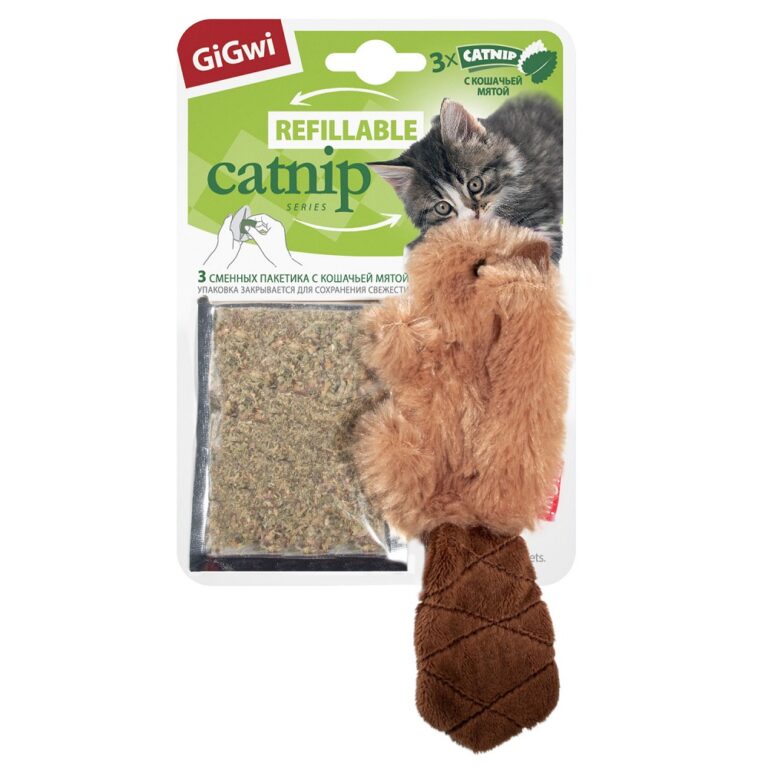 Игрушка для кошек GIGWI Бобренок с кошачьей мятой 16см, серия Refillable Catnip