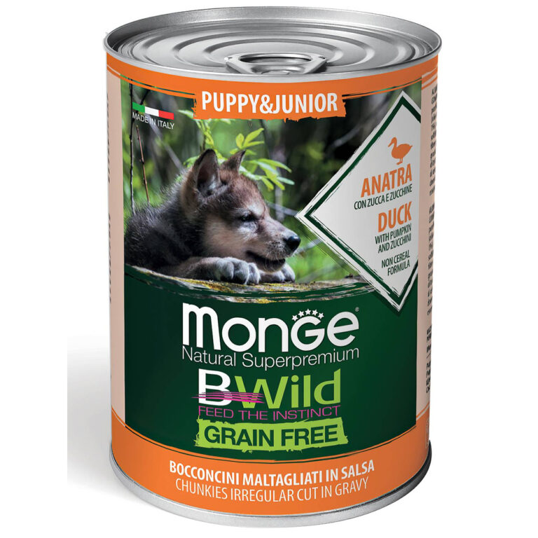 Корм для для щенков и беременных собак Monge BWild Grain Free утка с тыквой и кабачками банка 400г