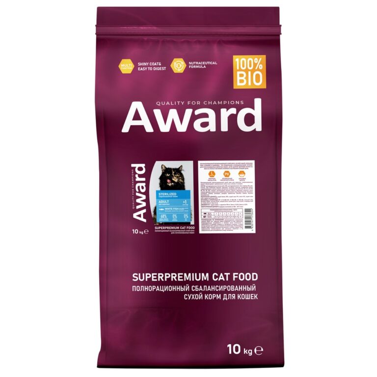 Корм для кошек AWARD для стерилизованных, белая рыба с доб.семян льна, клюквы и цикория сух. 10кг — цена и наличие Корм для кошек AWARD для стерилизованных, белая рыба с доб.семян льна, клюквы и цикория сух. 10кг