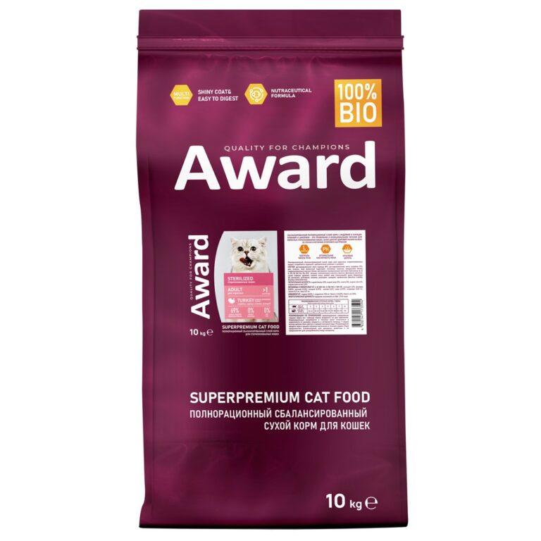 Корм для кошек AWARD для стерилизованных, индейка с курицей с доб.клюквы и цикория сух. 10кг — цена и наличие Корм для кошек AWARD для стерилизованных, индейка с курицей с доб.клюквы и цикория сух. 10кг