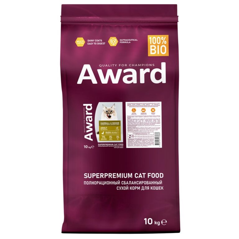 Корм для кошек AWARD для вывед.шерсти, утка с индейкой с доб.зел.чечевицы и Юкки Шидигера сух. 10кг