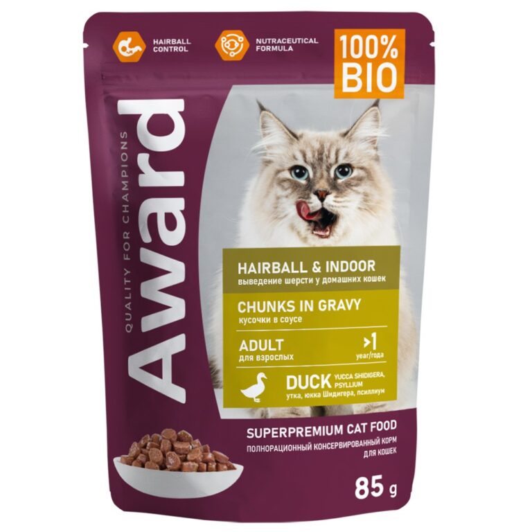 Корм для кошек AWARD Hairball & Indoor для вывед.шерсти, для домаш.,кусочки в соусе с уткой пауч 85г