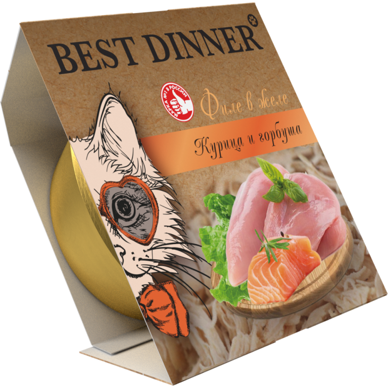 Корм для кошек Best Dinner для стерил., мясные волокна в желе курица с горбушей ламист. 75г Корм для кошек Best Dinner для стерил., мясные волокна в желе курица с горбушей ламист. 75г