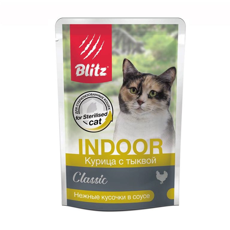 Корм для кошек Blitz Classic для стерил.живущих в помещении,курица с тыквой кусочки в соусе пауч 85г Корм для кошек Blitz Classic для стерил.живущих в помещении,курица с тыквой кусочки в соусе пауч 85г