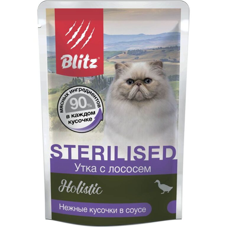 Корм для кошек Blitz Holistic для стерилизованных, утка с лососем кусочки в соусе пауч 85г