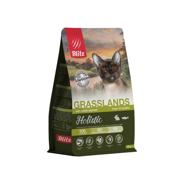 Корм для кошек Blitz Holistic Grasslands индейка с кроликом и рыбой сух. 1,5кг
