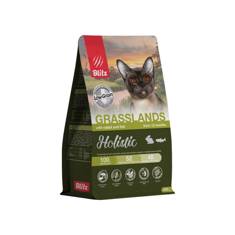 Корм для кошек Blitz Holistic Grasslands индейка с кроликом и рыбой сух. 400г