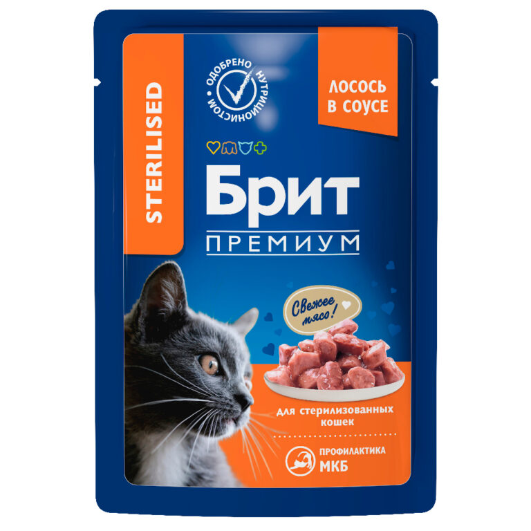 Корм для кошек БРИТ Премиум для стерилизованных, лосось в соусе пауч 85г Корм для кошек БРИТ Премиум для стерилизованных, лосось в соусе пауч 85г
