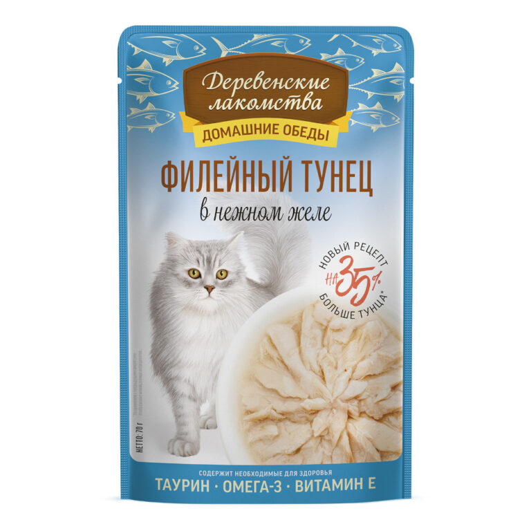 Корм для кошек ДЕРЕВЕНСКИЕ ЛАКОМСТВА Филейный тунец в нежном желе пауч 70г