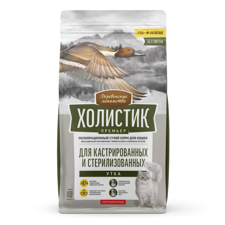 Корм для кошек ДЕРЕВЕНСКИЕ ЛАКОМСТВА Холистик Премьер для кастр. и стерил., утка сух. 400г