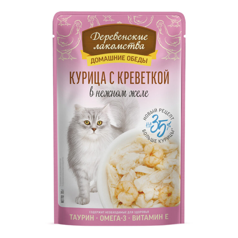Корм для кошек ДЕРЕВЕНСКИЕ ЛАКОМСТВА Курица с креветкой в нежном желе пауч 70г