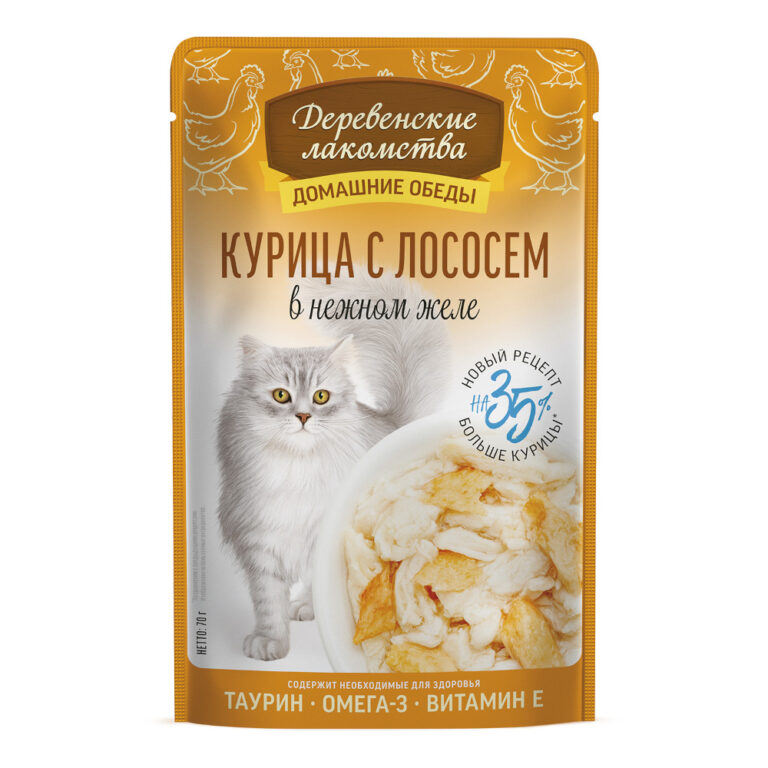 Корм для кошек ДЕРЕВЕНСКИЕ ЛАКОМСТВА Курица с лососем в нежном желе пауч 70г