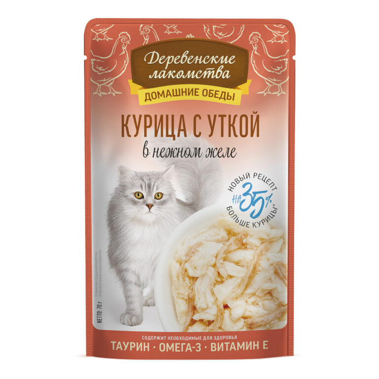 Корм для кошек ДЕРЕВЕНСКИЕ ЛАКОМСТВА Курица с уткой в нежном желе пауч 70г — цена и наличие Корм для кошек ДЕРЕВЕНСКИЕ ЛАКОМСТВА Курица с уткой в нежном желе пауч 70г