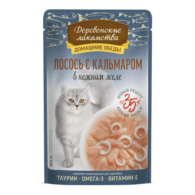 Корм для кошек ДЕРЕВЕНСКИЕ ЛАКОМСТВА Лосось с кальмаром в нежном желе пауч 70г Корм для кошек ДЕРЕВЕНСКИЕ ЛАКОМСТВА Лосось с кальмаром в нежном желе пауч 70г