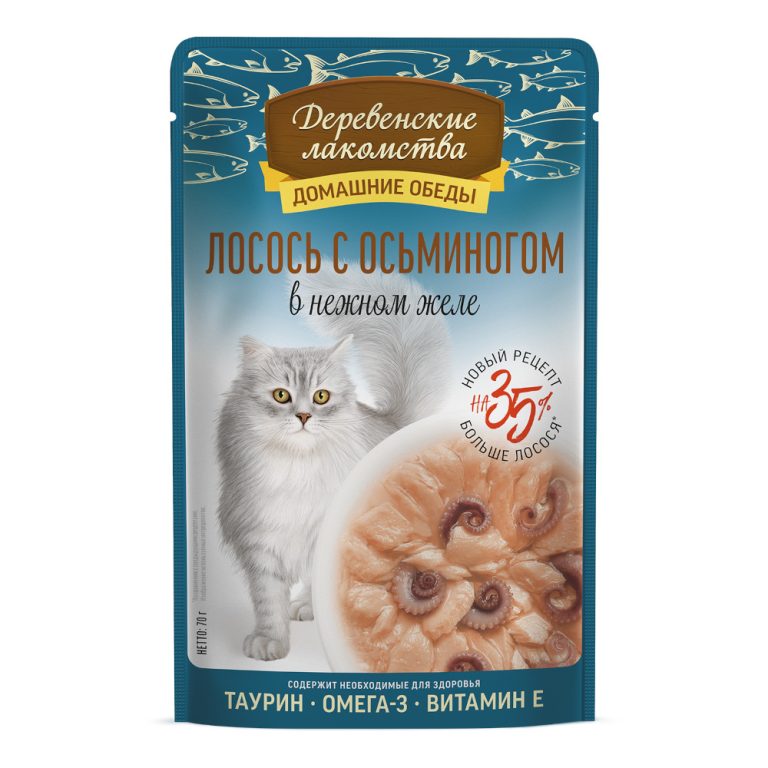 Корм для кошек ДЕРЕВЕНСКИЕ ЛАКОМСТВА Лосось с осьминогом в нежном желе пауч 70г
