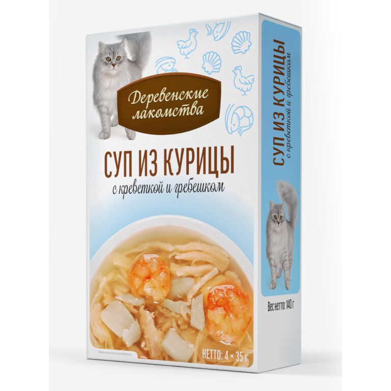 Корм для кошек ДЕРЕВЕНСКИЕ ЛАКОМСТВА Суп из курицы с креветкой и гребешком пауч 35гх4шт Корм для кошек ДЕРЕВЕНСКИЕ ЛАКОМСТВА Суп из курицы с креветкой и гребешком пауч 35гх4шт