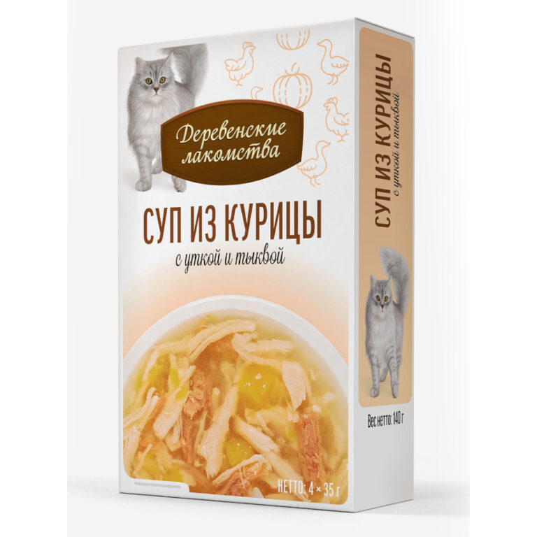 Корм для кошек ДЕРЕВЕНСКИЕ ЛАКОМСТВА Суп из курицы с уткой и тыквой пауч 35гх4шт Корм для кошек ДЕРЕВЕНСКИЕ ЛАКОМСТВА Суп из курицы с уткой и тыквой пауч 35гх4шт