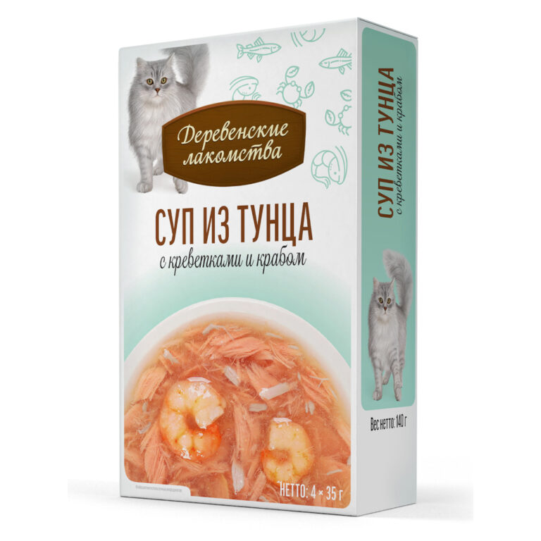 Корм для кошек ДЕРЕВЕНСКИЕ ЛАКОМСТВА Суп из тунца с креветками и крабом пауч 35гх4шт