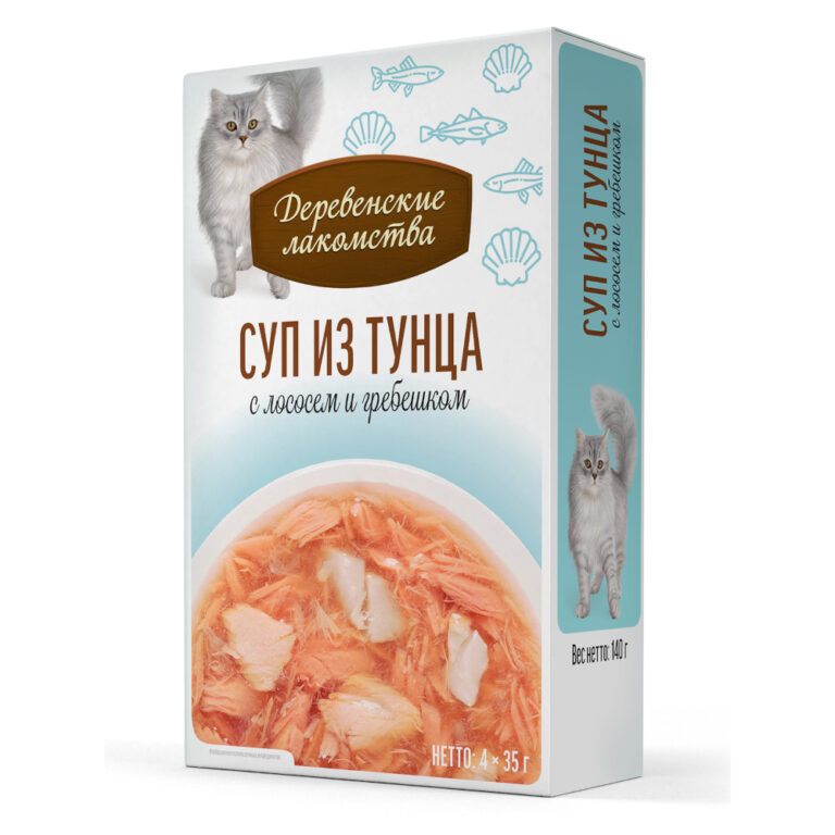 Корм для кошек ДЕРЕВЕНСКИЕ ЛАКОМСТВА Суп из тунца с лососем и гребешком пауч 35гх4шт Корм для кошек ДЕРЕВЕНСКИЕ ЛАКОМСТВА Суп из тунца с лососем и гребешком пауч 35гх4шт