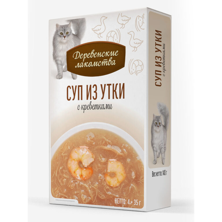 Корм для кошек ДЕРЕВЕНСКИЕ ЛАКОМСТВА Суп из утки с креветкой пауч 35гх4шт