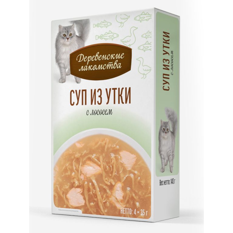 Корм для кошек ДЕРЕВЕНСКИЕ ЛАКОМСТВА Суп из утки с лососем пауч 35гх4шт