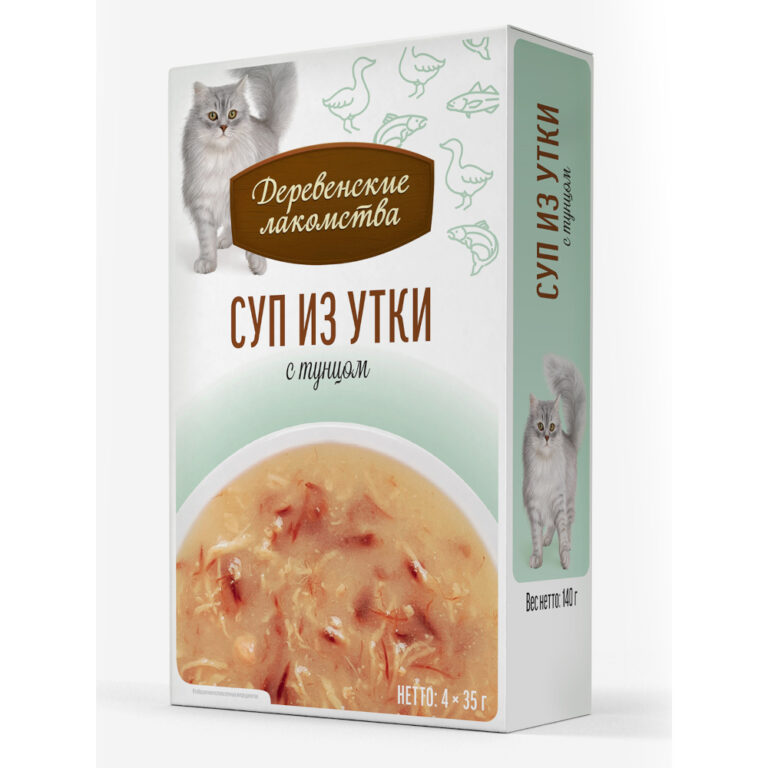 Корм для кошек ДЕРЕВЕНСКИЕ ЛАКОМСТВА Суп из утки с тунцом пауч 35гх4шт