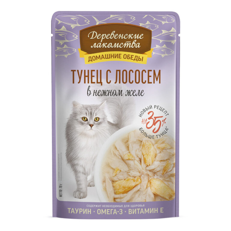 Корм для кошек ДЕРЕВЕНСКИЕ ЛАКОМСТВА Тунец с лососем в нежном желе пауч 70г