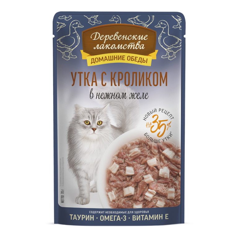 Корм для кошек ДЕРЕВЕНСКИЕ ЛАКОМСТВА Утка с кроликом в нежном желе пауч 70г Корм для кошек ДЕРЕВЕНСКИЕ ЛАКОМСТВА Утка с кроликом в нежном желе пауч 70г