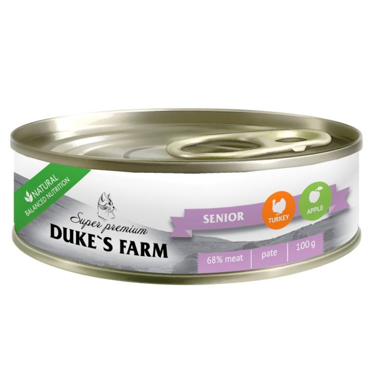 Корм для кошек DUKE'S FARM для пожилых, паштет индейка, яблоко банка 100г Корм для кошек DUKE’S FARM для пожилых, паштет индейка, яблоко банка 100г