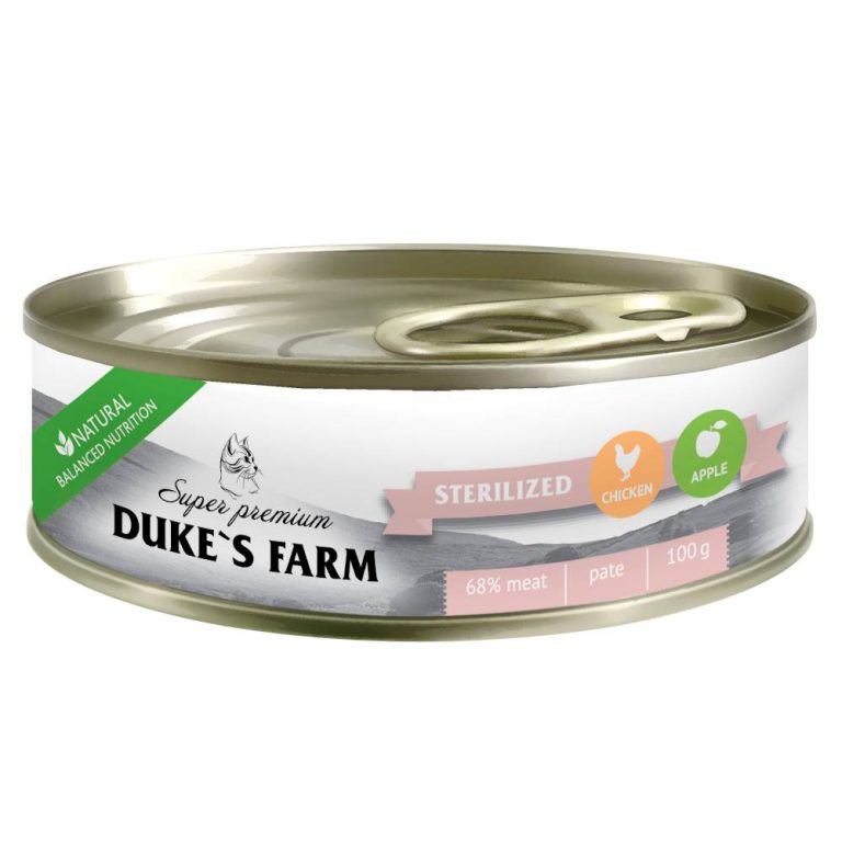 Корм для кошек DUKE'S FARM для стерилизованных, паштет курица, яблоко банка 100г Корм для кошек DUKE’S FARM для стерилизованных, паштет курица, яблоко банка 100г