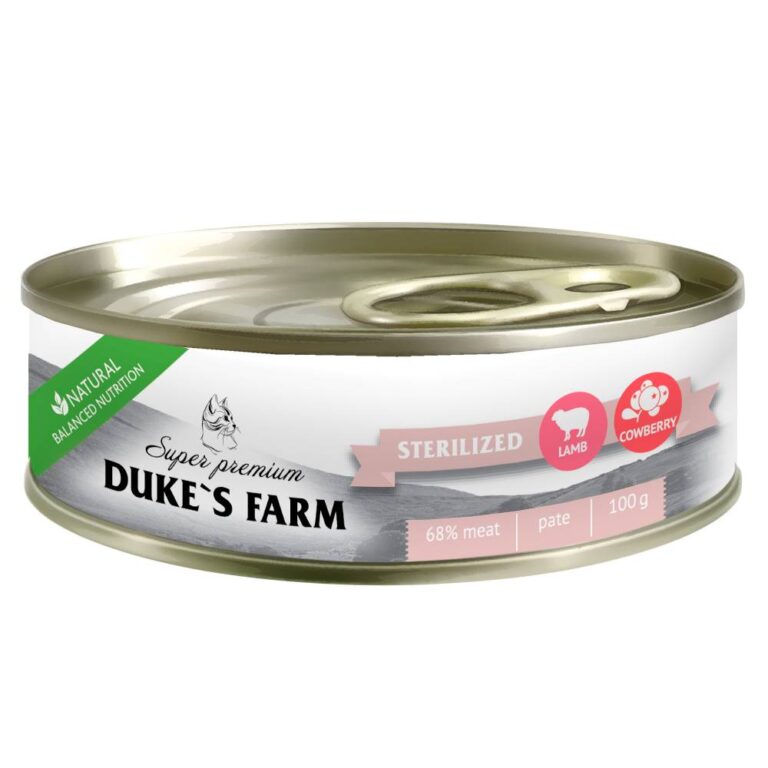 Корм для кошек DUKE'S FARM для стерилизованных, паштет ягненок, брусника банка 100г Корм для кошек DUKE’S FARM для стерилизованных, паштет ягненок, брусника банка 100г