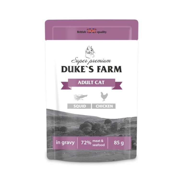 Корм для кошек DUKE'S FARM кальмар, курица в соусе пауч 85г Корм для кошек DUKE’S FARM кальмар, курица в соусе пауч 85г