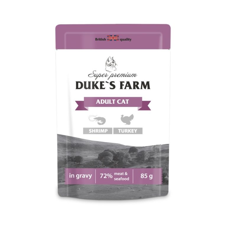Корм для кошек DUKE'S FARM креветки, индейка в соусе пауч 85г Корм для кошек DUKE’S FARM креветки, индейка в соусе пауч 85г