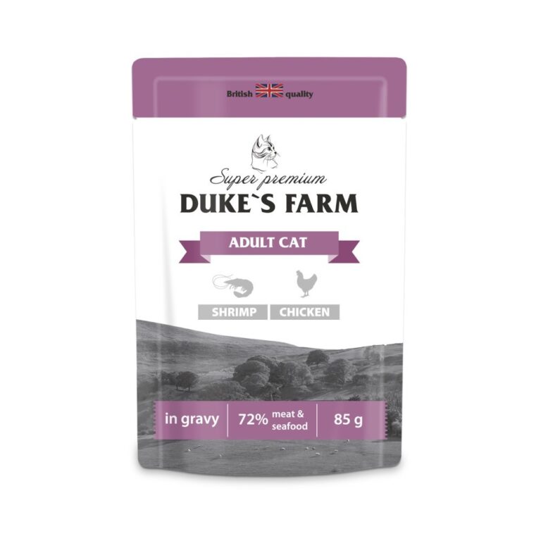Корм для кошек DUKE'S FARM креветки, курица в соусе пауч 85г Корм для кошек DUKE’S FARM креветки, курица в соусе пауч 85г
