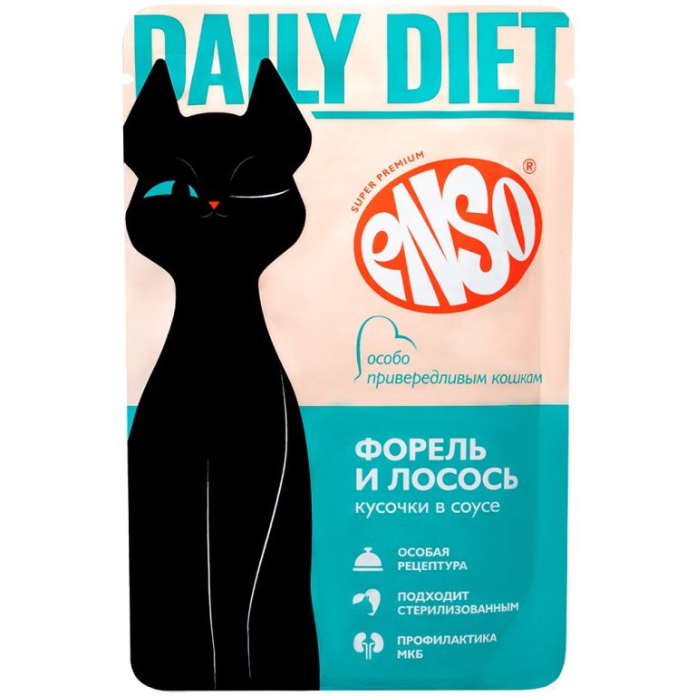 Корм для кошек ENSO Daily Diet для привередливых, кусочки в соусе с форелью и лососем пауч 85г Корм для кошек ENSO Daily Diet для привередливых, кусочки в соусе с форелью и лососем пауч 85г
